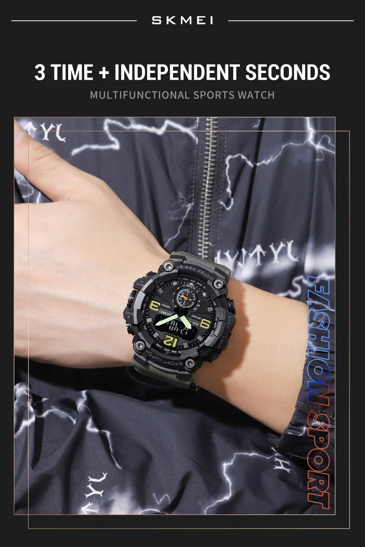 Skmei Men's Military Sport's Wristwatch Fashion Big Size Dial Quartz Analog Three Time Zone Male Led Waterproof Stop Watches