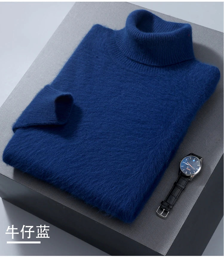 Men's 100% Mink Cashmere Sweater High Lapel Thick Knitted Pullover Casual Large Size Middle-Aged Sweater Autumn Winter New Tops