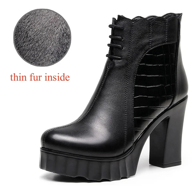 10cm Small Size 32-43 Elegant Fashion Soft Leather Boots Women Platform Shoes 2025 Winter Block High Heels Ankle Boots Office