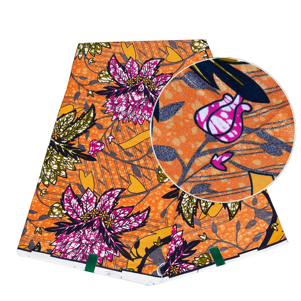 African Wax Print Fabric – 100% Cotton Ankara with Gold Foil Shimmer, 6 Yards/Roll, for Dresses, Headwraps & Fashion Garments