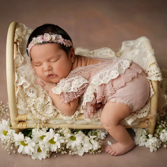 Lace Ruffle Newborn Photography Romper Dusty Pink Baby Girl Photo Outfit Infant Bodysuit Photoshoot Clothes Pink Lace Jumpsuit