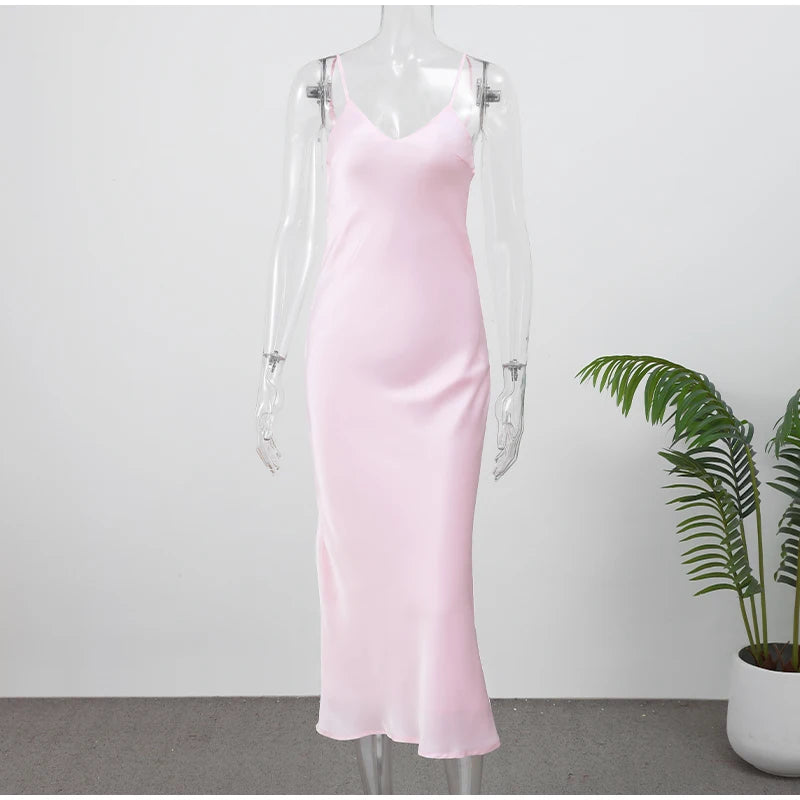 Elegant Satin Pink Women's Long Dresses Fashion Sleeveless Backless Slim Fit Hem Midi Dress Summer Female Holiday Robes 2026
