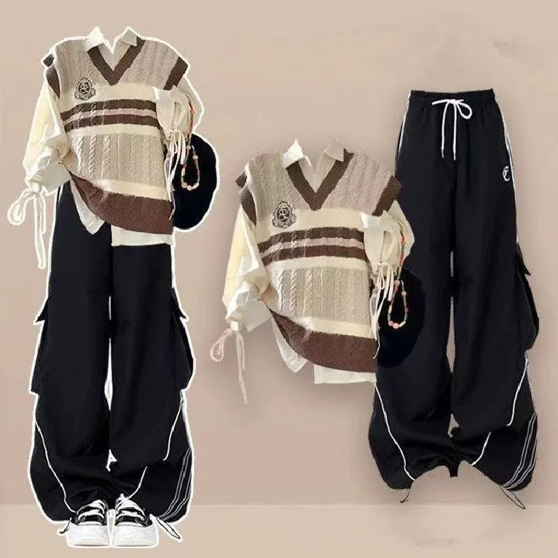 Women's Autumn Winter New Fashion Tracksuit Matching Set Korean Elegant Vintage Knit Vest+Shirt+Casual Cargo Pants 3-piece Suit