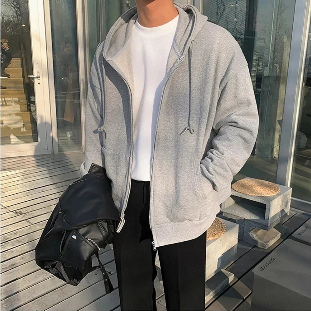 25 High Street Hoodie Men Solid Color Zip Up Long Sleeve Loose Jacket Coats Casual Hooded Sweatshirt Y2K Fashion Outdoor Clothes