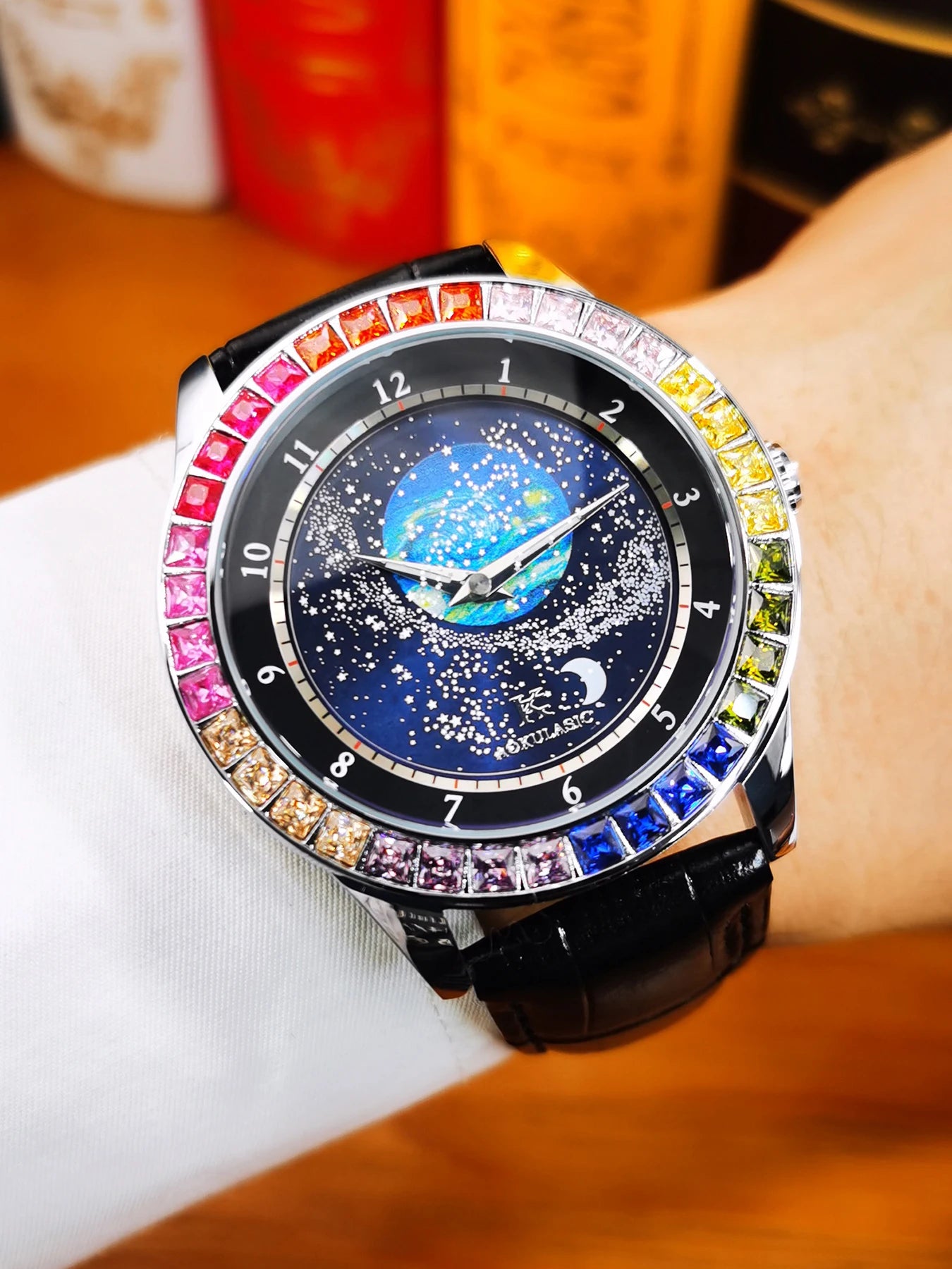 Fashion Starry Sky Luminous Mechanical Watch for Men Leather Steel Strap Luxury Brand Business Automatic Mens Watches AOKULASIC