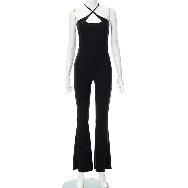 One-Piece Bodysuit Jumpsuit Slim Micro Flare Trousers Fashion Women Clothes Solid-Coloured Lace-Up Jump Suits For Women Cut-Out