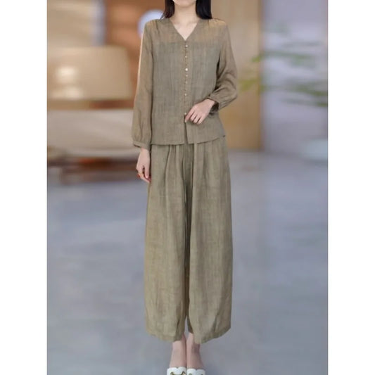 Women Lazy Linen Two Piece Outfit V Neck Button Top Elastic Waist Wide Leg Pants Casual Matching Set