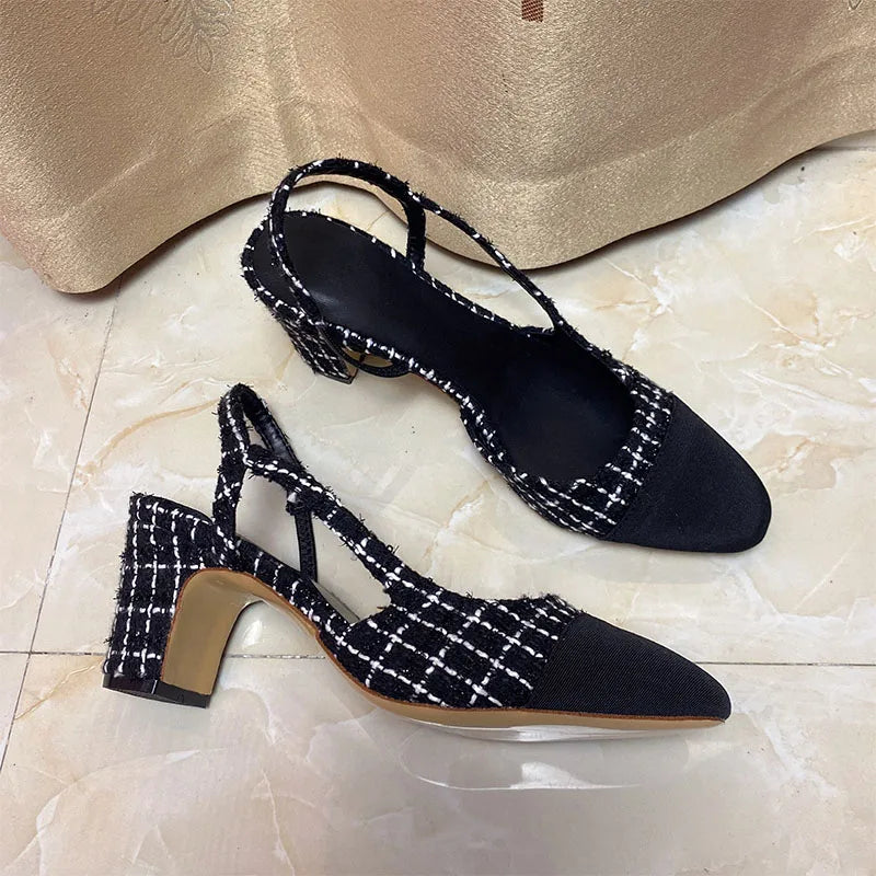 2023Spring Autumn Fashion High Heels Sandals Women's Dress Square Toe Slingback Shoes Women's Color Block Back With Flat Sandals