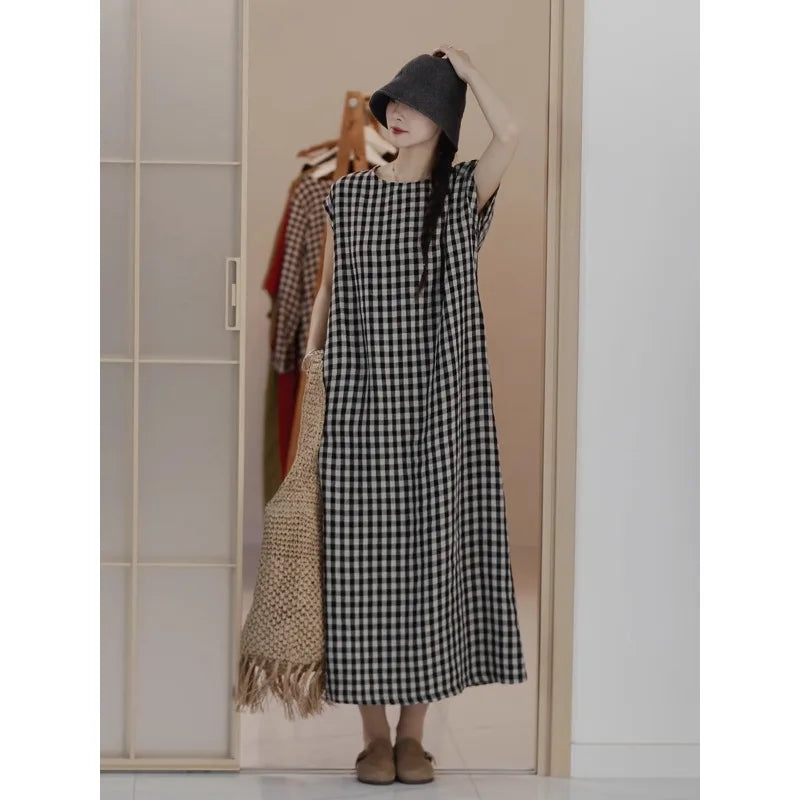 Casual Bla White Plaid A-Line Vest Dr Women's Mid-Length Spring Summer New Sle Simple Leisure Dr Korean Sle