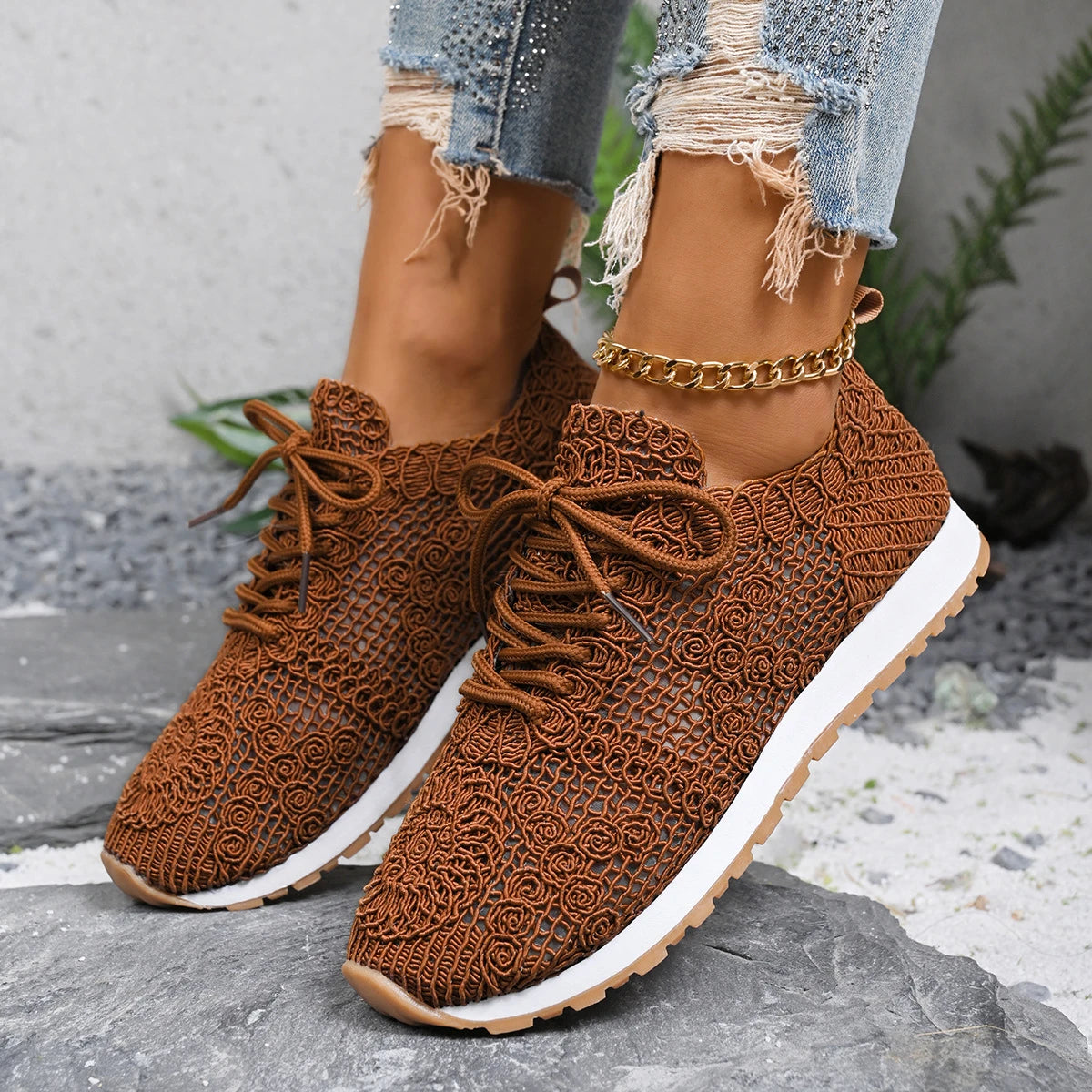 2026 Brown Knit Breathable Womens Sneakers Shoes New Platform Flats Woman Plus Size 43 Non Slip Casual Shoes Mesh Tenis De Mujer
