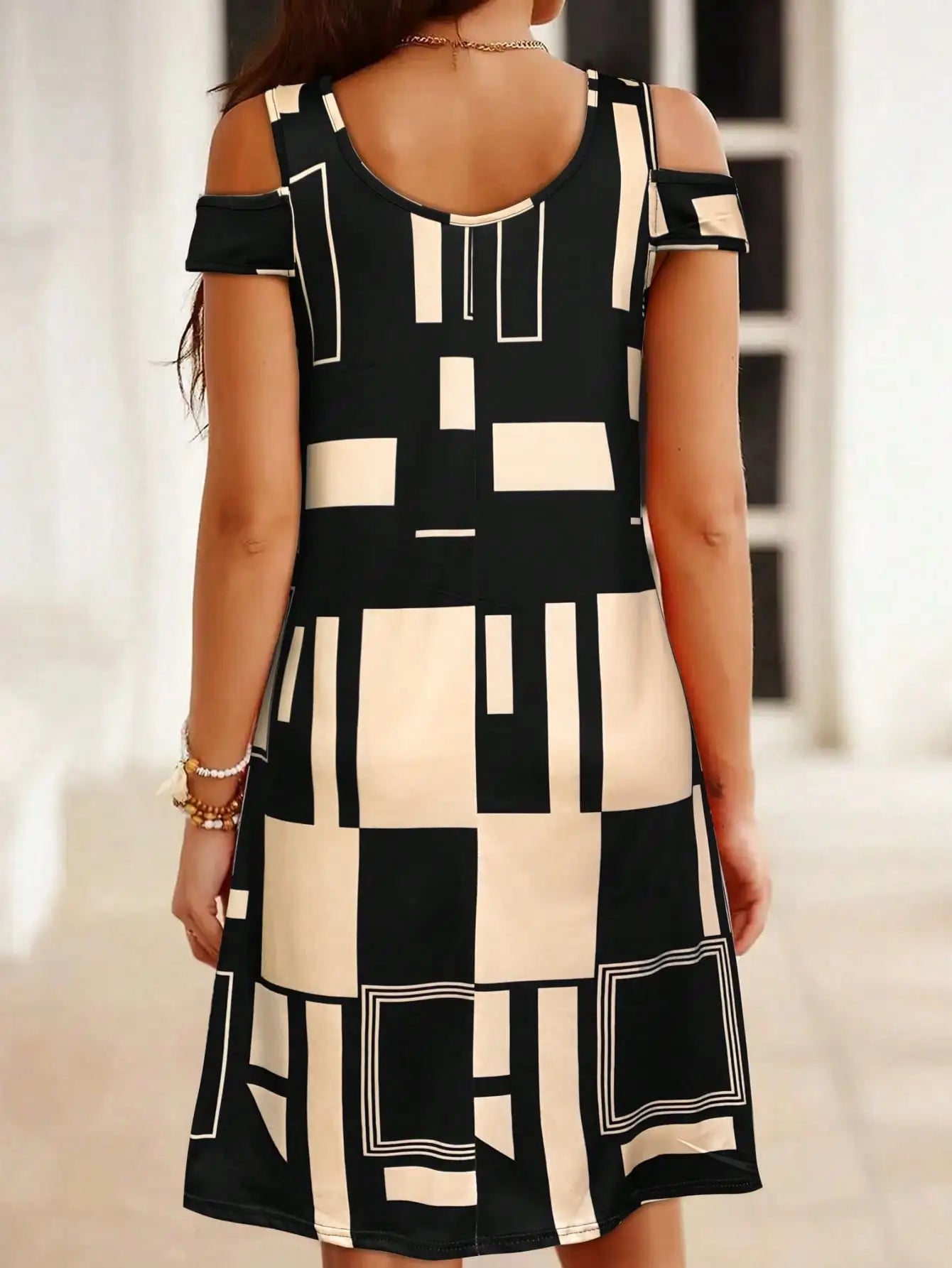 Summer Geometric Pattern Off-shoulder V-Neck Dress For Women,Casual Summer Sundress, Flowy Everyday Mini Dress