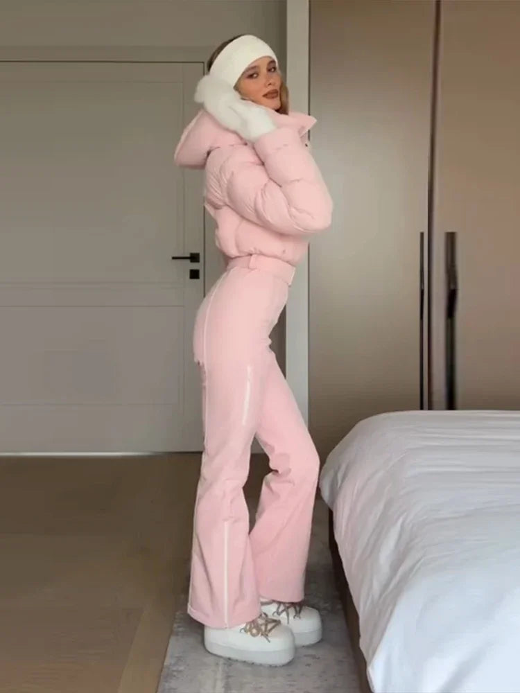 Women  Fur Collar Hooded Skiwear Fashion Solid Thicken Zipper High Waist Slim Outdoor Overalls Jumpsuit  Lady Winter Outwear
