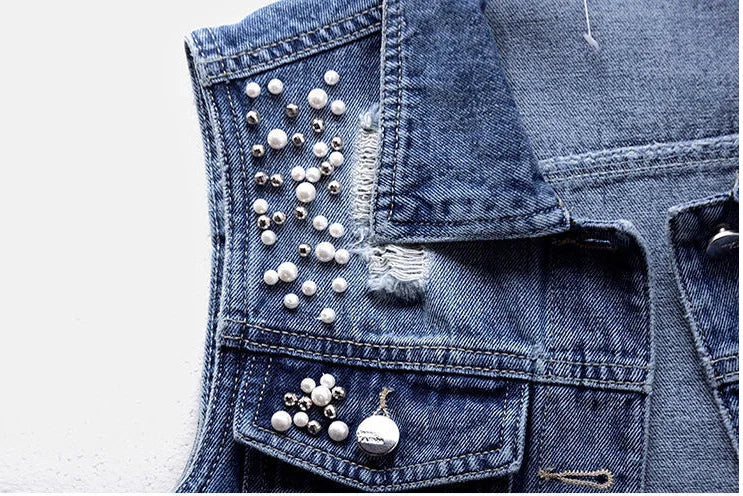 Denim Women Vest Luxury Pearls Fashion Ripped Autumn Plus Size Jeans Jacket Sleeveless Loose Short Coat Causal Waistcoats