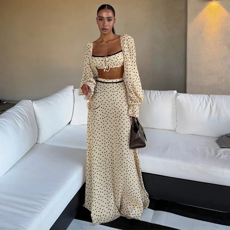 Fashion Women's Polka Dot Long Skirt Set Square Neck Lantern Sleeve Lace Crop Top High Waist A-line Skirts 2026 Summer Lady Suit