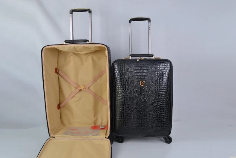 Crocodile pattern leather rolling luggage 16/20/24 inch boarding trolley suitcase real leather men's and women's travel luggage