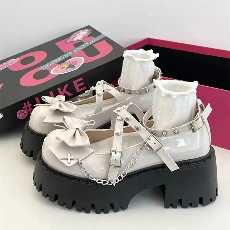 2025 New Women's Shoes Ankle Straps Womens Pumps Platform Women Leather Bows Mary Jane Punk Gothic Chunky Heel Chaussures Femme