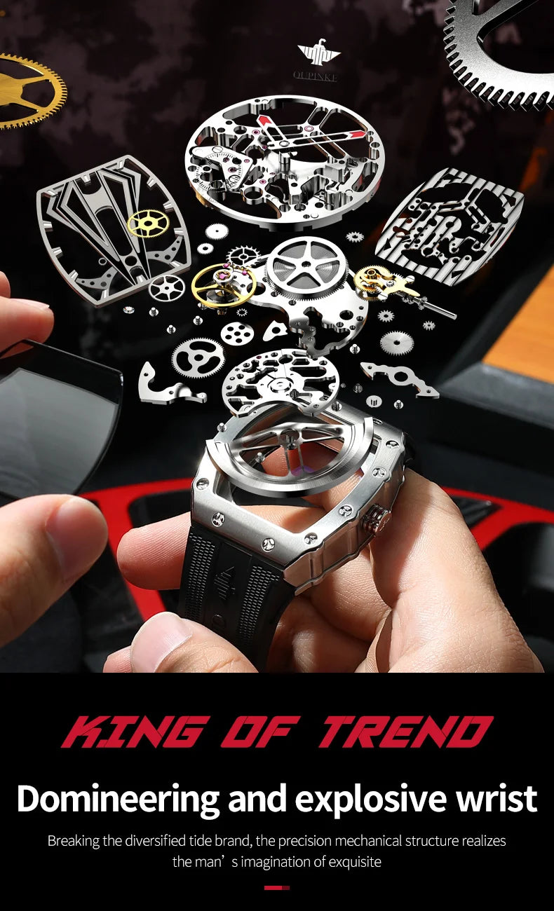 OUPINKE 3179 Automatic Watches for Man Silicone Strap Sapphire Mirror Waterproof Skeleton Tonneau Mechanical Men's Wristwatches