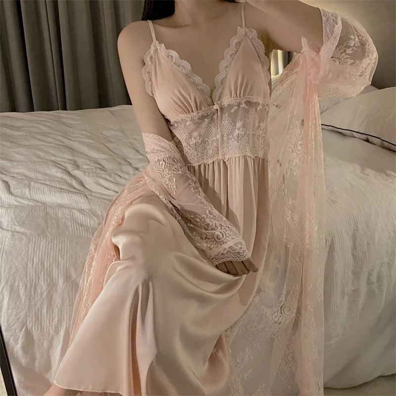 Sexy Two Piece Dress Set Spring Summer Sleepwear Lingerie Lace Sling Long Sleeve Nightdress Women Pijama Suit Ladies Nightgowns