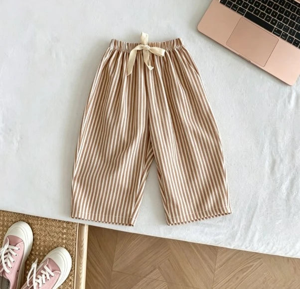 Kids Casual Loose Fit Pants Cotton Trousers With Striped Drawstring Design Multiple Color Choices Suitable For Boys And Girls