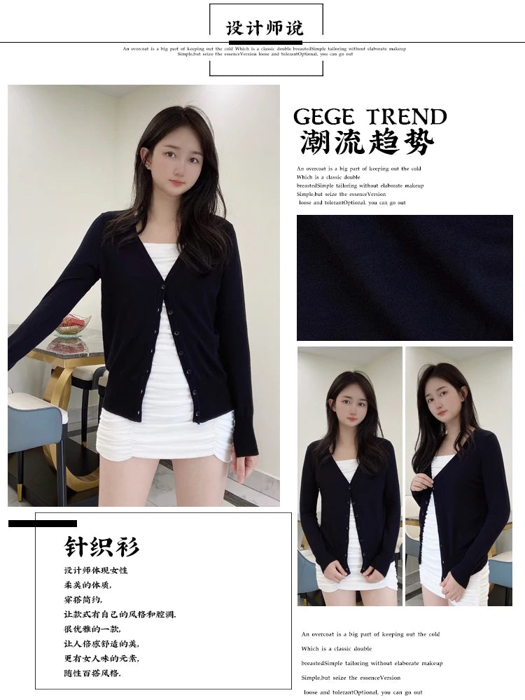 Korean Fashion Black Cropped Blouses Cardigan Female Clothing Sweaters Jersey Long Sleeve Top Women's Coat Spring 2025 Style