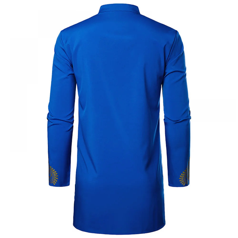 Men's Traditional African Shirt Print Golden Flowers Long Sleeve Shirt Ethnic Casual Outfits Wedding African Streetwear