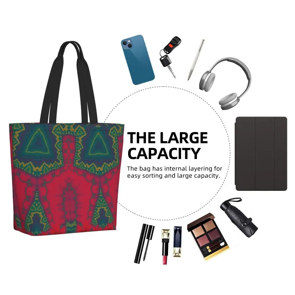 African Ankara Prints Grocery Shopping Tote Bags Women Geometric Ethnic Art Canvas Shoulder Shopper Bags Big Capacity Handbag