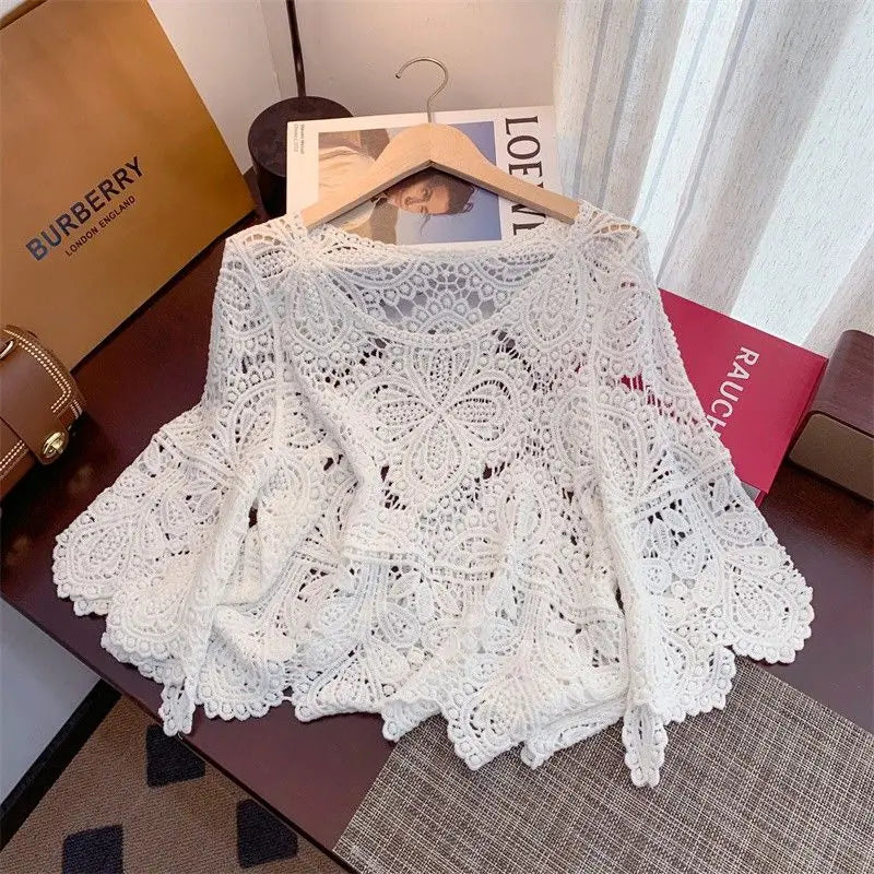2024 Summr New Versatile Retro Sweet Lace Cut-out Crochet Shawl Cropped Top Summer Three Quarter-sleeve Hollow Out Top