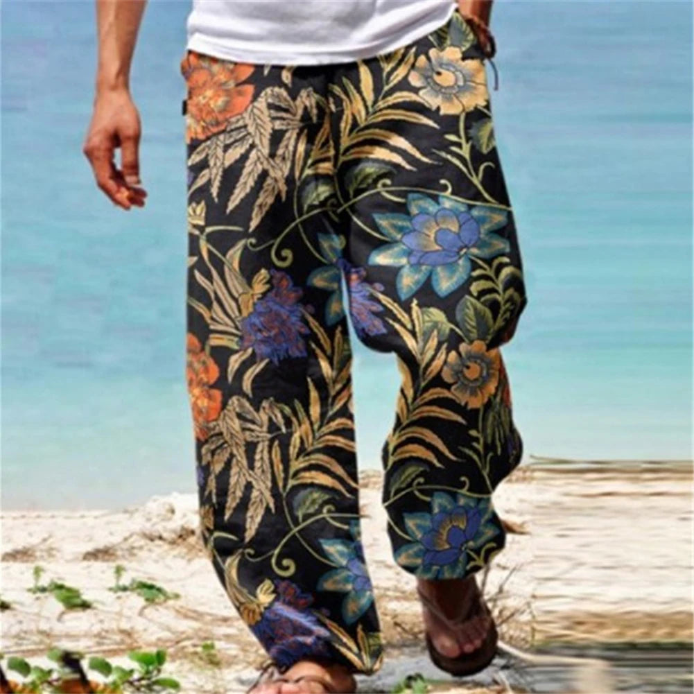 Mens Casual Baggy Harem Pants Elastic Waist Beach Loose Wide Leg Hippy Trousers