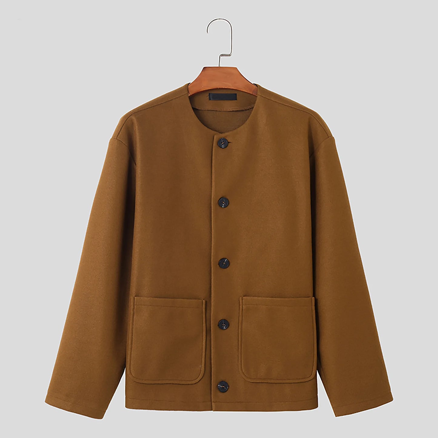 Korean Style Popular Double Side Jackets for Men Light Luxury Solid Fashion Button-up Neckless Woolen Coats Men Leisure Jackets