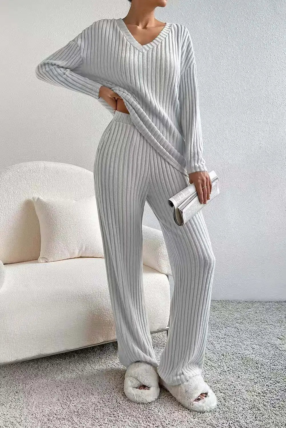 Fashionable Knitted Two-Piece Set Casual V-Neck Long Pants Autumn Winter New Style Loose Fit Korean Style Comfortable Polyester