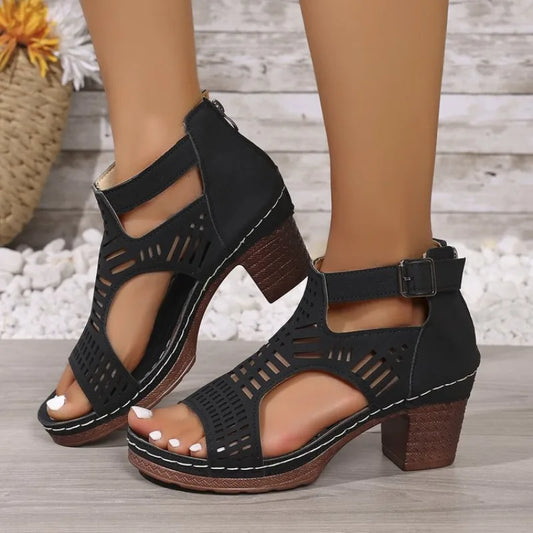 Sandals for Women 2026 New Thick Heeled Sandals Summer Breathable Hollow Out Sandals for Women Retro High Heels Roman Sandalias