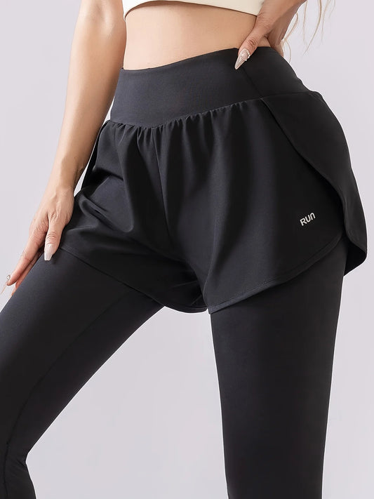 Women's High Stretch Sports Leggings, Fake Two Piece Yoga Pants, Butt Lifting Quick Dry Slim Running Trousers for Tennis Workout