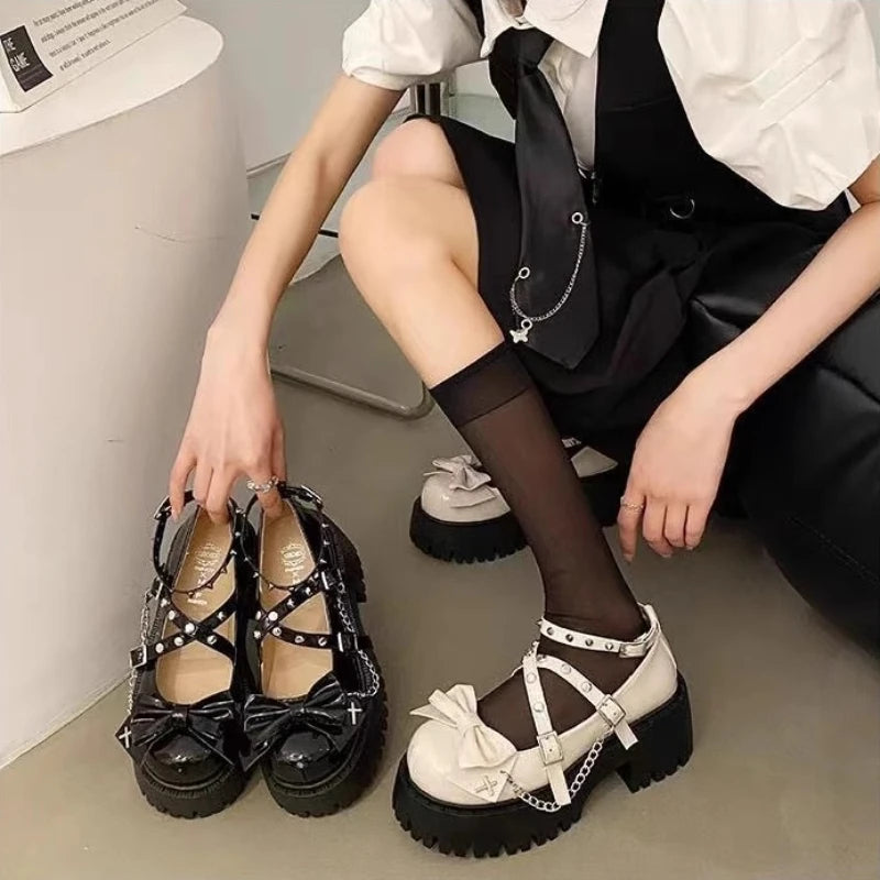 2025 New Women's Shoes Ankle Straps Womens Pumps Platform Women Leather Bows Mary Jane Punk Gothic Chunky Heel Chaussures Femme