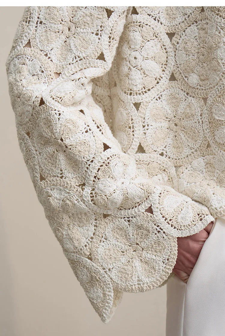 Amii Women Jackets 2026 Spring New Elegant Round Neck Hollow Crochet Jacket Women's Loose Short Cotton Long Sleeve Tops 12621069