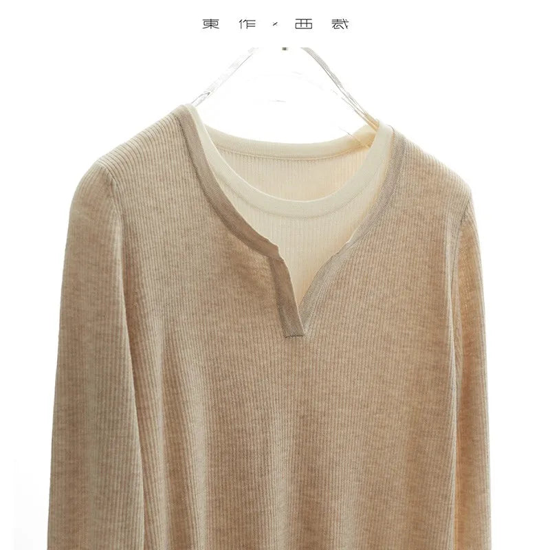 Super Comfortable to Wear~ 2025 Autumn and Winter New Style Faux Two-Piece Knit Sweater for Women, High-End Wool Sweater Top