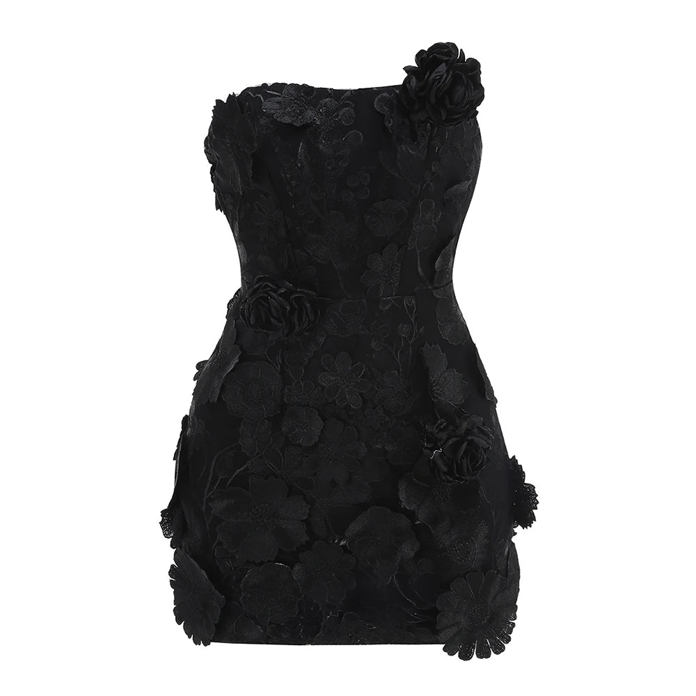 Women's 3D Floral Embroidery Backless Sleeveless Mini Dress Self Tie Evening Gown Elegant Short Dress for Party Cocktail Wedding