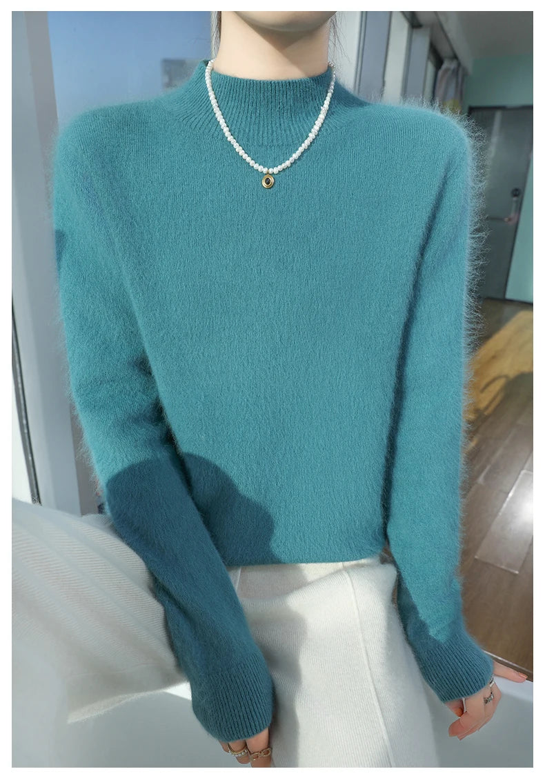 2024 Autumn And Winter New Women's Semi High Neck New Fashion Mink Sweater Long Sleeved Loose Sweater Slimming Knit Sweater Base