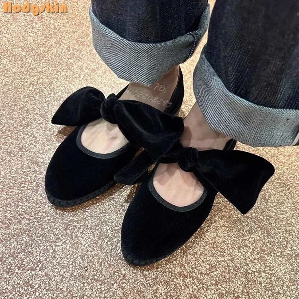 Velvet Bow Flat with Shoes Retro Round Toe Shallow Lace-up Mary Janes Butterfly-knot Daily Shoes Korean Style Design 2025 Women