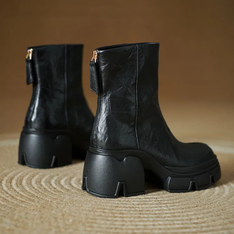 NEW Autumn Women Boots Genuine Leather Shoes for Women Round Toe Chunky Heel Shoes Concise Zip Platform Boots Soft Daily Shoes