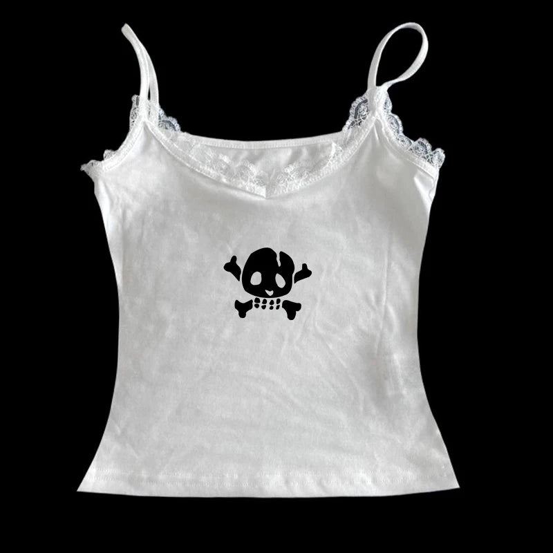 Spice Girls Skull Lace Y2k Tank Top Harajuku Graphic Print Rock Goth Crop top Hip Hop Retro Sleeveless T-shirt Punk Street Sling