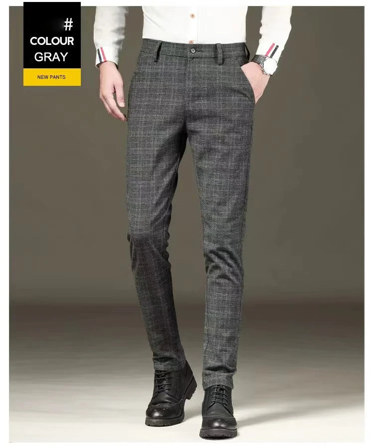 Fashion Black Grey Casual Trouses Mens Straight Fit Long Pants Striped Plaid Four Seasons High Quality Brand Business Trousers