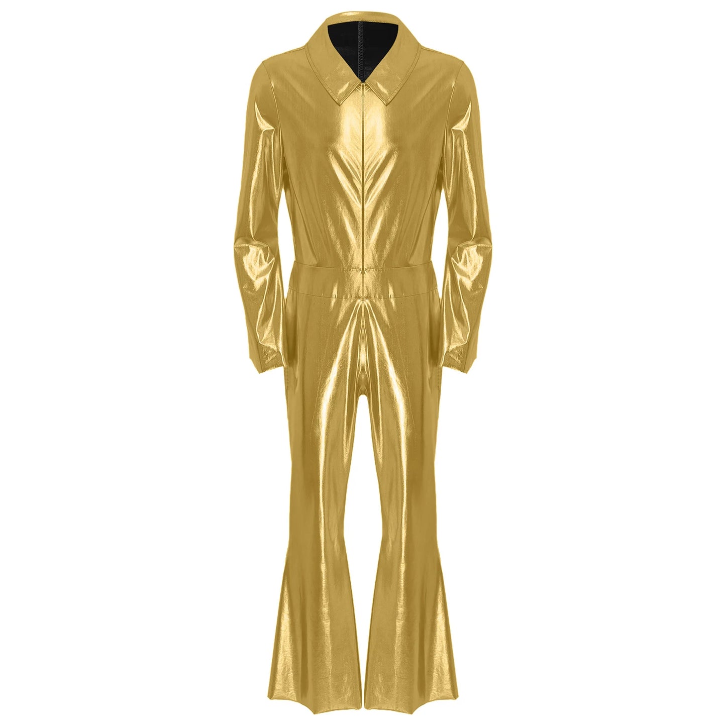 Mens 70s Disco Hippies Jazz Dance Performance Costume Metallic Shiny Unitards Jumpsuit Wide Leg Pants Rompers Vintage Clubwear