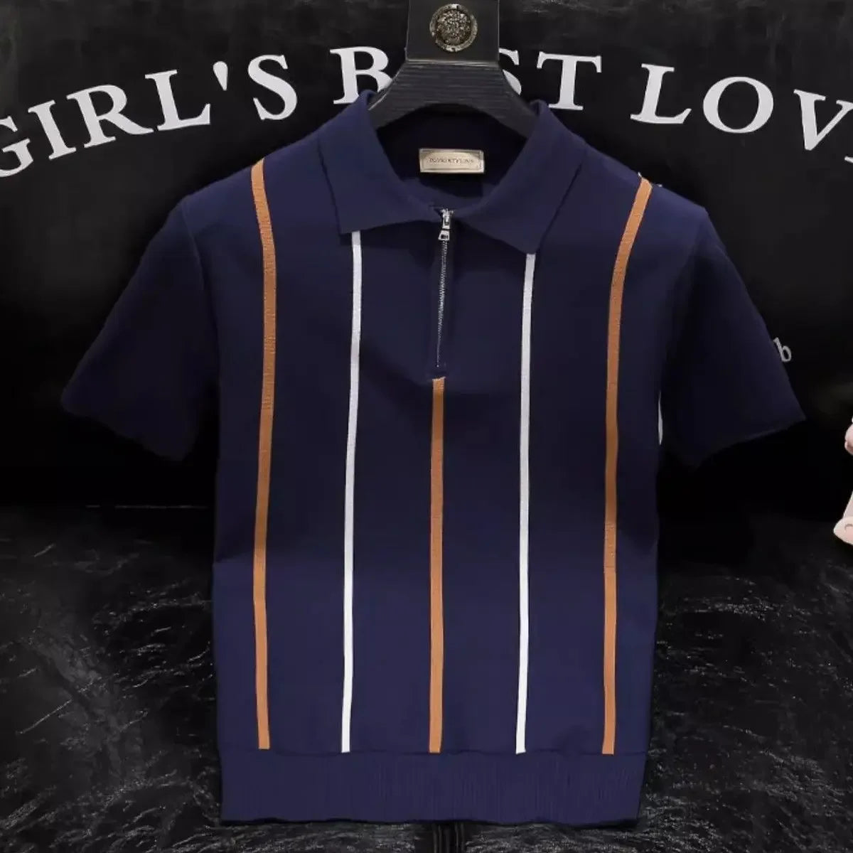 High-end Short-sleeved Men's British Retro Striped Slim Lapel Knitted Contrasting T-shirt 1/2 Pieces