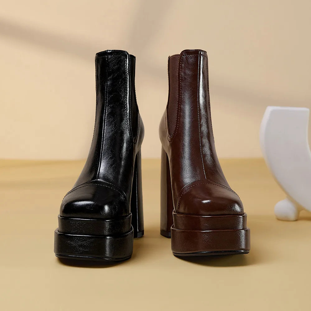 Aucegi Women Genuine Leather Back Zipper Ankle Boots Fashion Square Toe Platform Thick High Heels Party All Match Casual Shoes