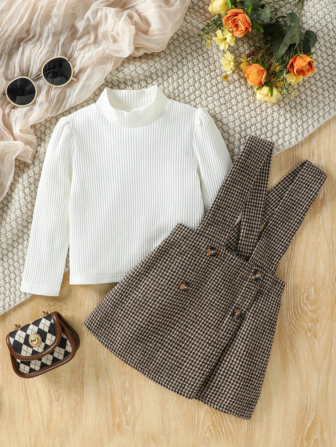 Children Autumn Fashion Clothes 2 Pieces Suit White Turtleneck Ribbed Tops+Plaid Suspender Skirt Kids Sets Clothes  Casual 1-6Y