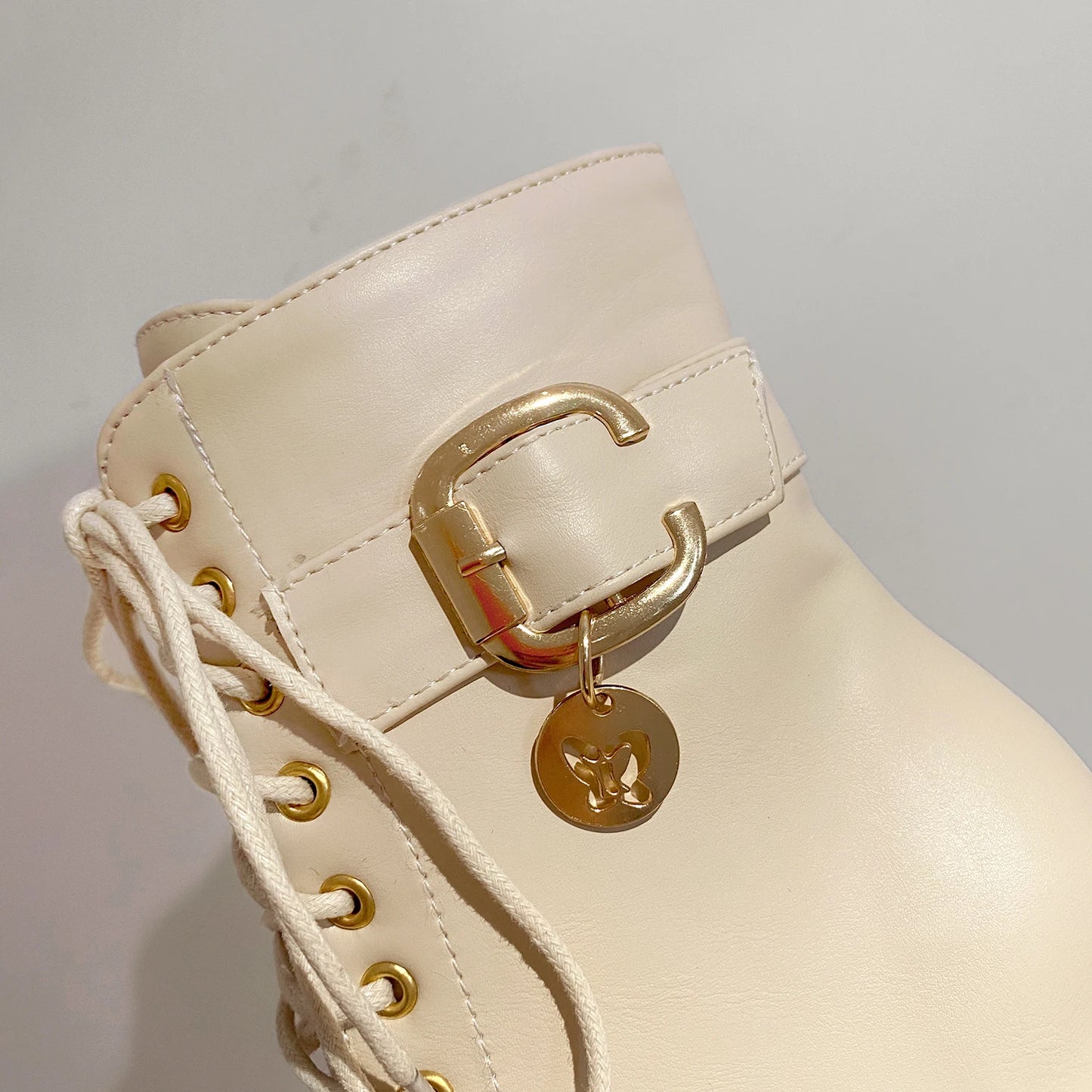 Women's Autumn Lace-Up Chunky Heel Ankle Boots with Belt Buckle Side Zipper High Heels Booties Lace Up Design Classic Lolita