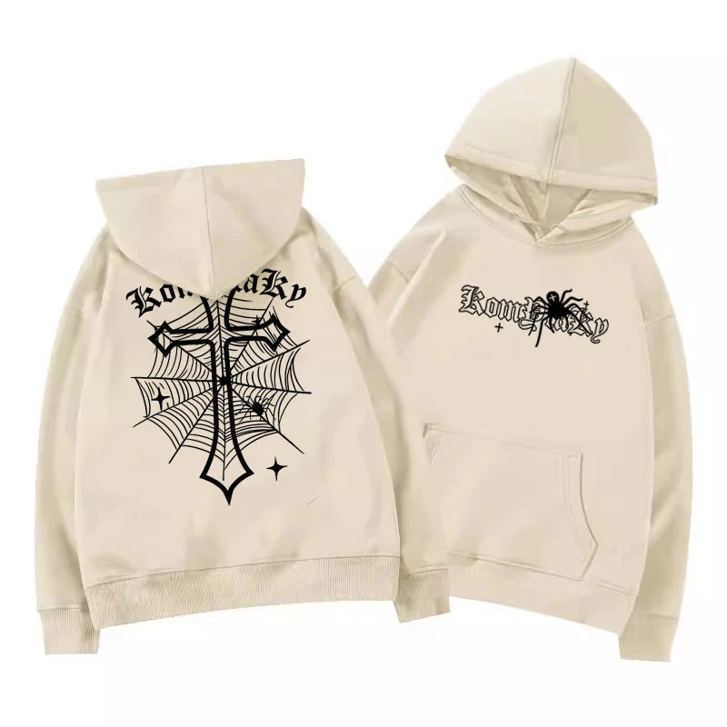 European American High Street Spider Cross Autumn Winter Fleece Warm Hooded Sweatshirt Casual Adult Men Versatile Soft Daily Use BAZAARHUBO