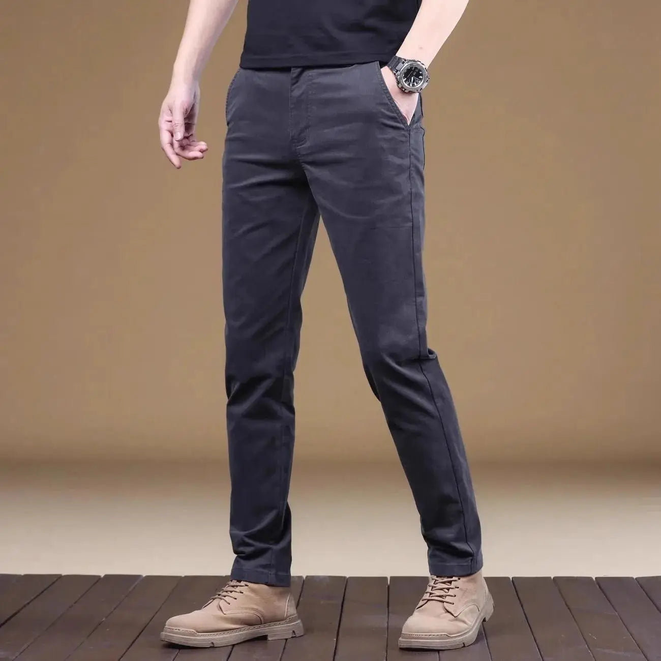 2025 Summer Thin Cotton Men's Casual Pants Trendy Versatile Elastic Light Business Trousers Work Formal Slim Straight Pants