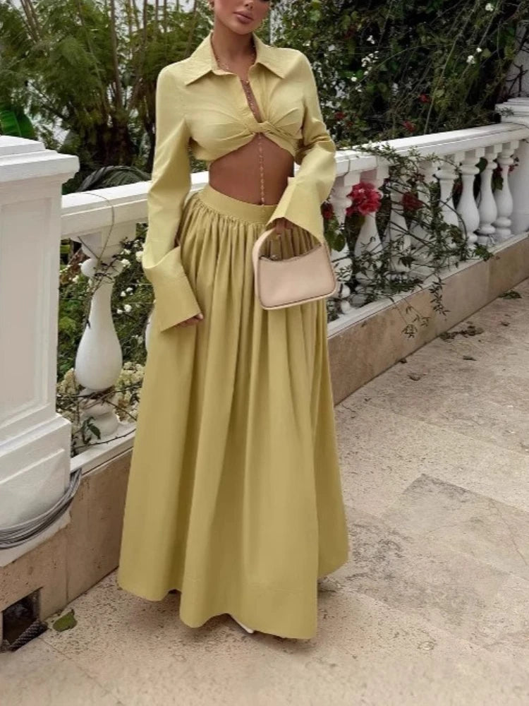 European/American Style Turned Collar, Flared Sleeve Short Top and Skirt Set - African High-end Stylish New Two-piece Set