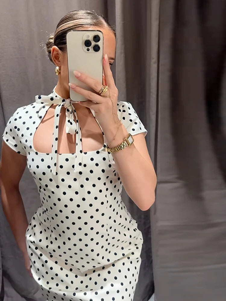 Fashion Polka Dot Printed Short Dress For Women Elegant Lace Up Collar Mini Dress Lady 2026 Spring Chic Evening Party Vestiods